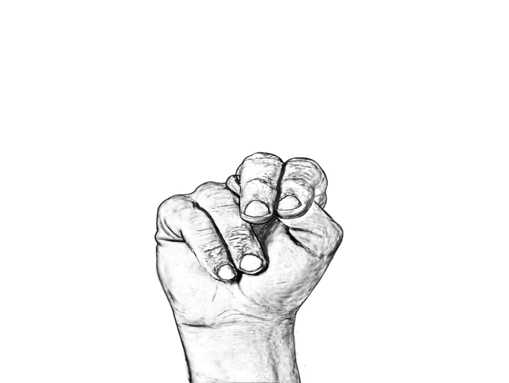 Black and white illustration of a hand forming a sign